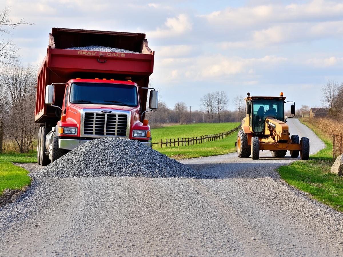 Motor grader restoring the crown of a gravel driveway in Central Texas