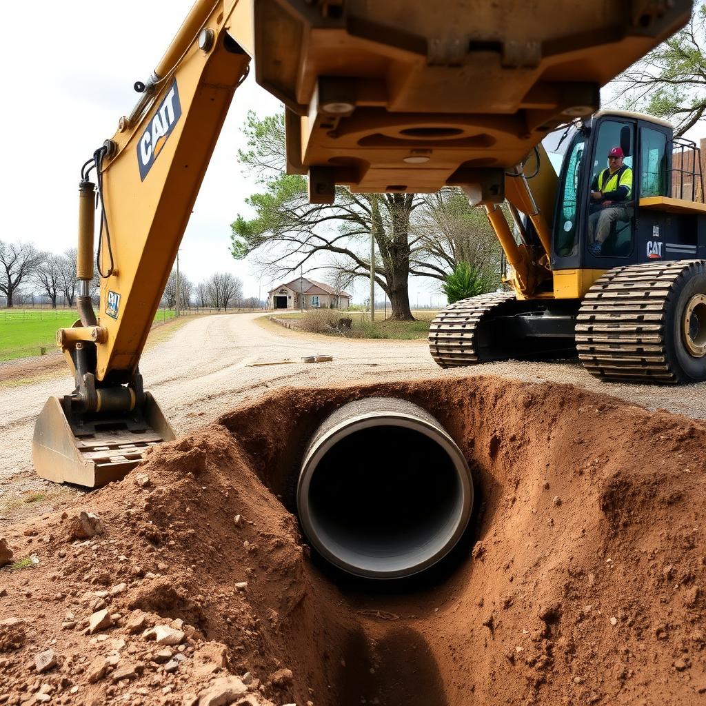 Excavator installing a culvert under a gravel driveway on rural Texas property