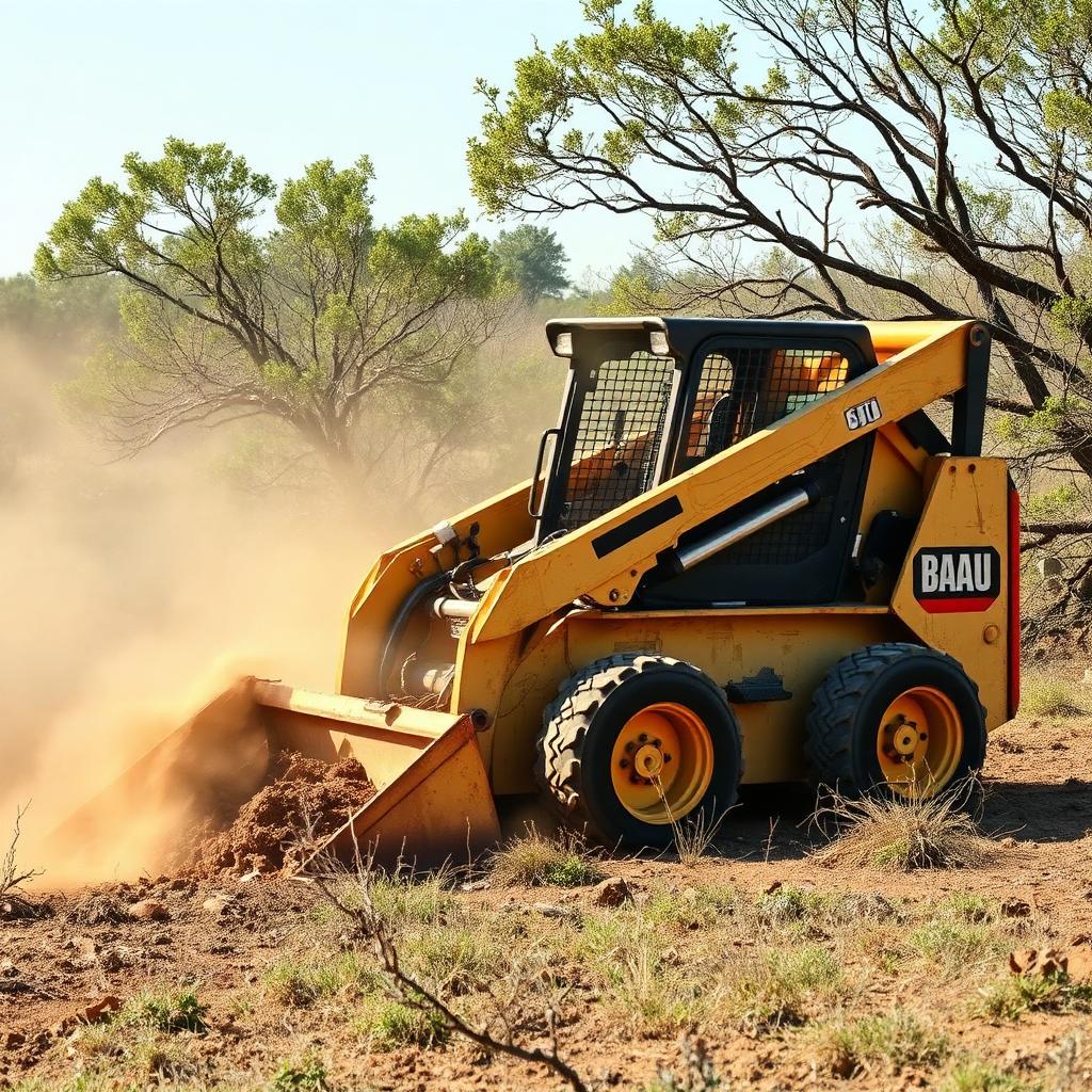 Skid steer clearing brush for a future homesite on Central Texas acreage