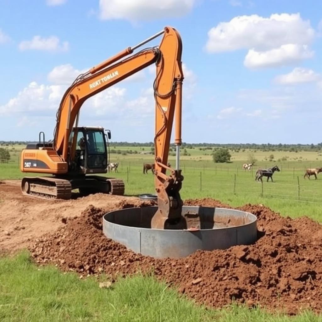 Excavator digging a cattle stock tank on a Central Texas ranch